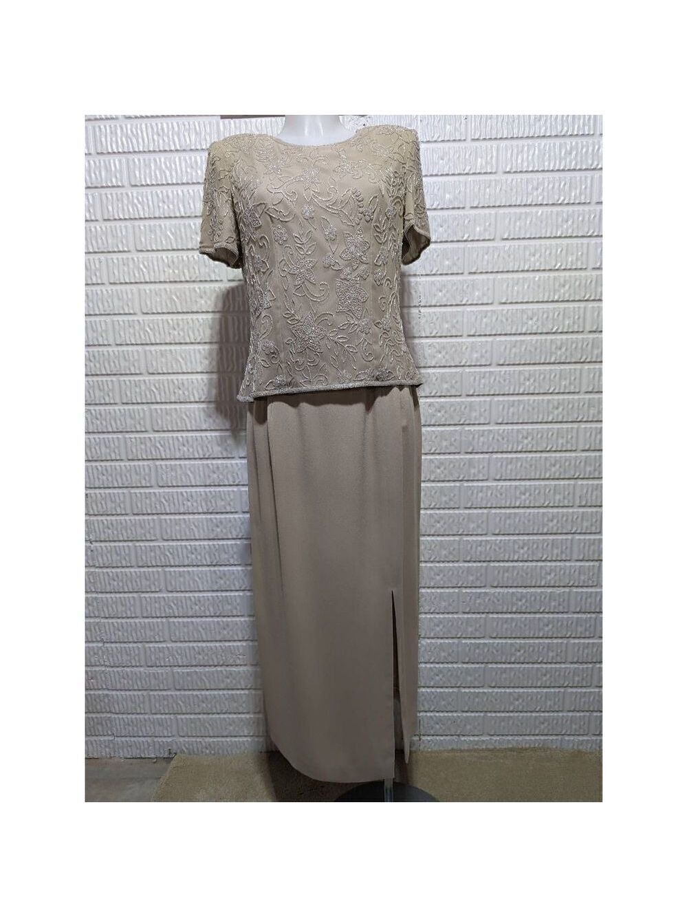Talbots Women's Tan 2 Piece Set Lined Beaded Top and Maxi Skirt Size 10